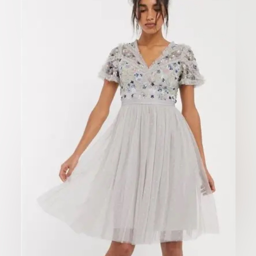 Needle & Thread Light Gray Embellished Midi Dress